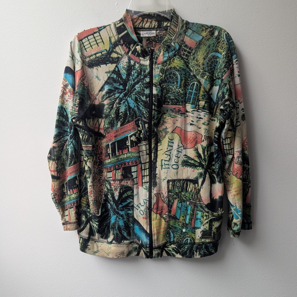 Chico's Jacket Sweatshirt Multicolor Tropical Map Print Zip Front Measures Sz M